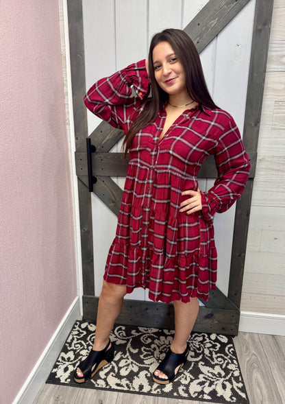 Red Plaid Tiered A Line Shirtdress
