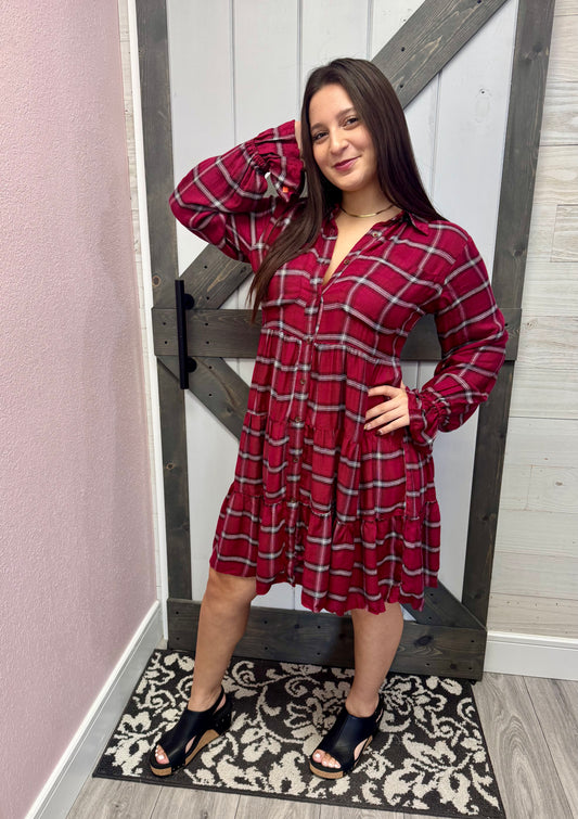 Red Plaid Tiered A Line Shirtdress