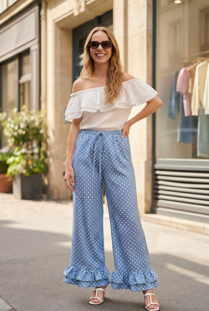 POLKA DOT PRINT WAIST ELASTIC RUFFLE PANTS
