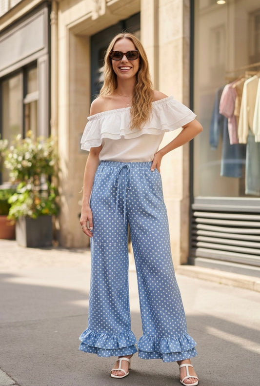 POLKA DOT PRINT WAIST ELASTIC RUFFLE PANTS