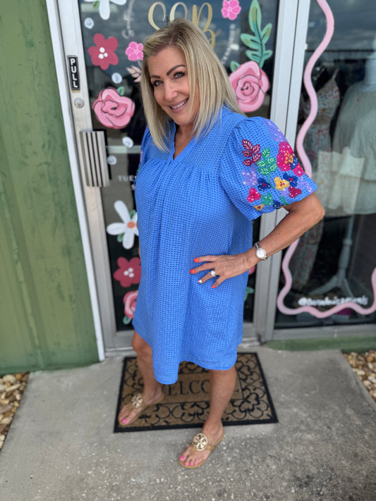Embroidery Sleeve Dress with Square Pattern and Ruffle Sleeves