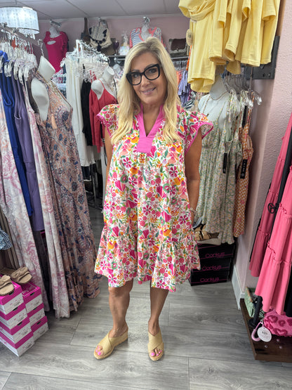 Floral Flutter Sleeve Tiered Mini Dress