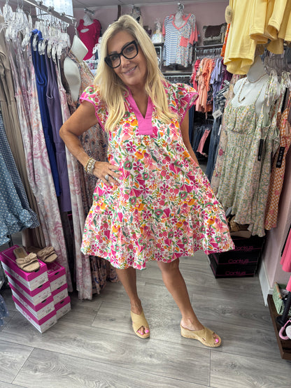 Floral Flutter Sleeve Tiered Mini Dress