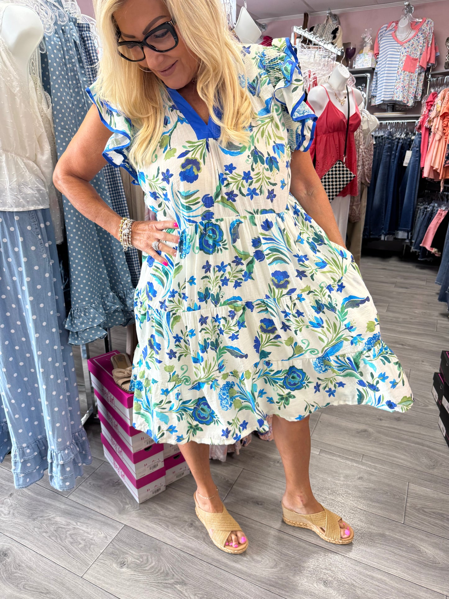 Green & Blue Floral Tiered Ruffle Sleeve Dress