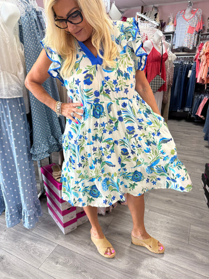 Green & Blue Floral Tiered Ruffle Sleeve Dress