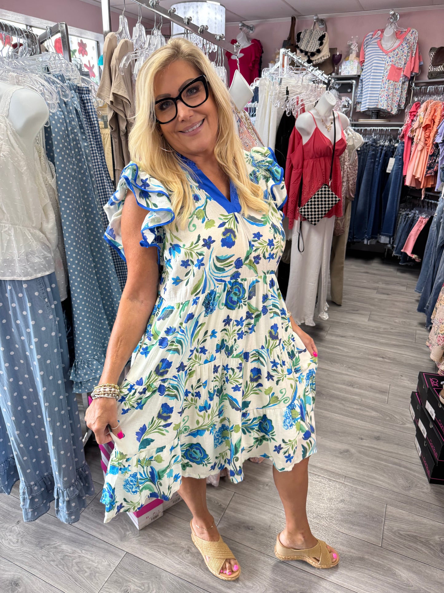 Green & Blue Floral Tiered Ruffle Sleeve Dress
