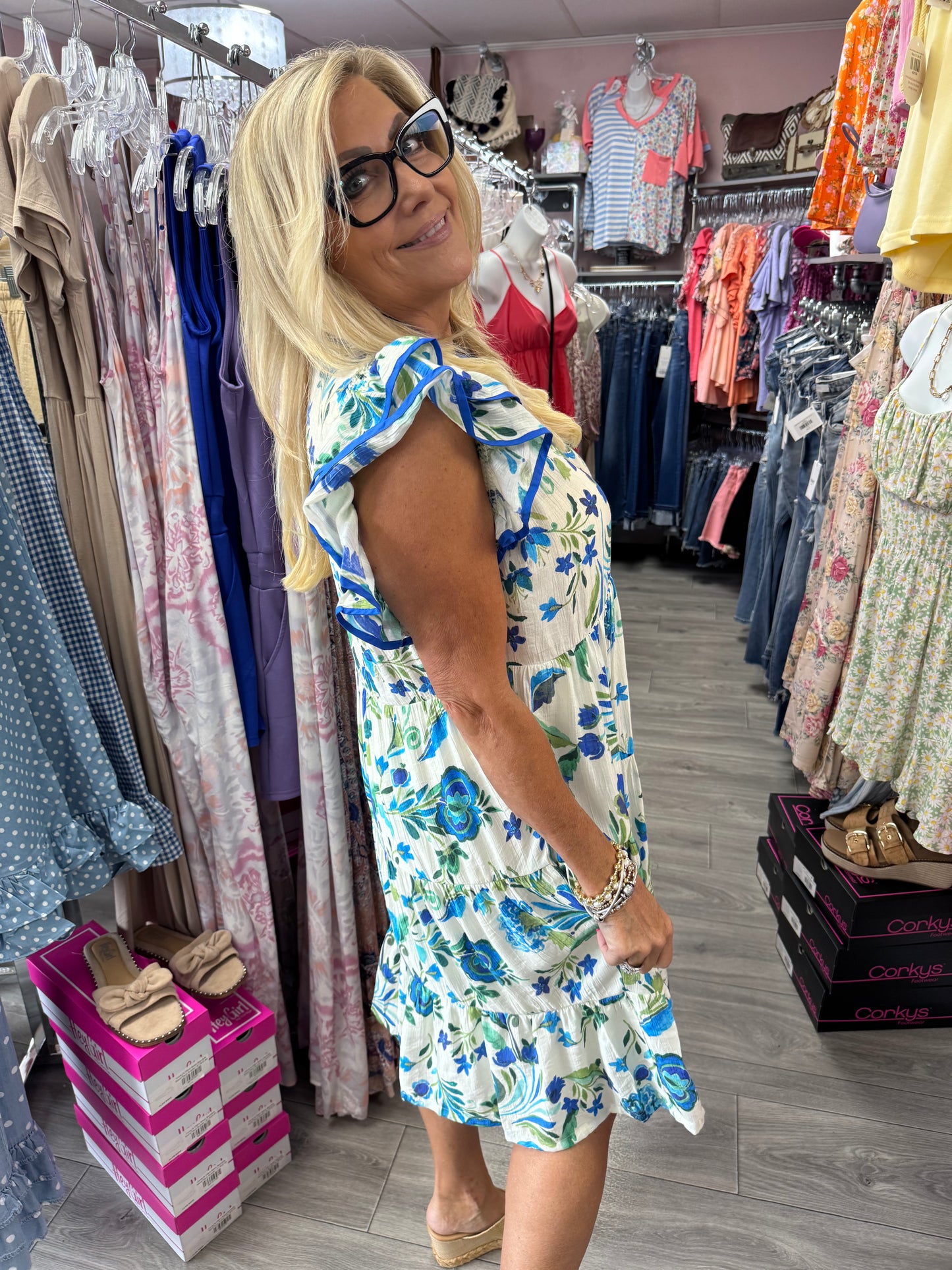 Green & Blue Floral Tiered Ruffle Sleeve Dress