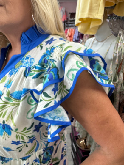 Green & Blue Floral Tiered Ruffle Sleeve Dress