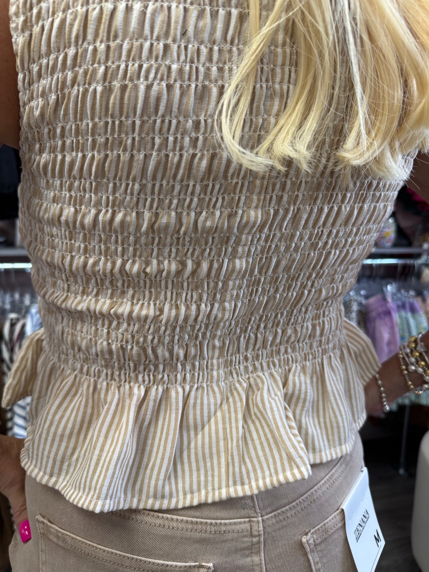 Striped Smoked Ruffle Hem Blouse