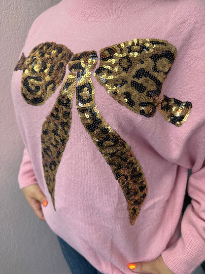 Leopard Sequin Bow Crew Neck Knitted Sweater Top VT82024
