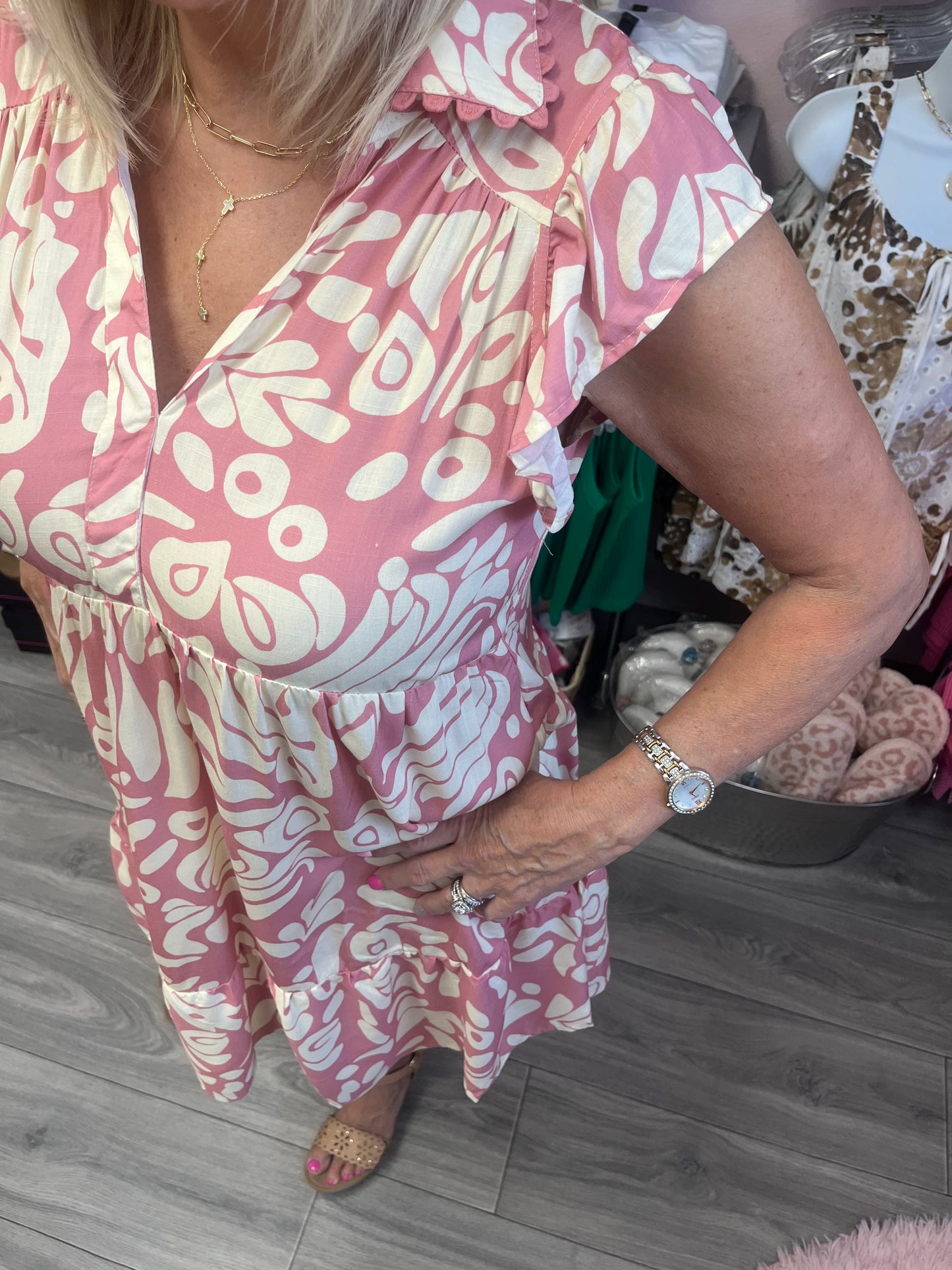 Two Tone Printed Mini Dress with Ruffled Sleeves