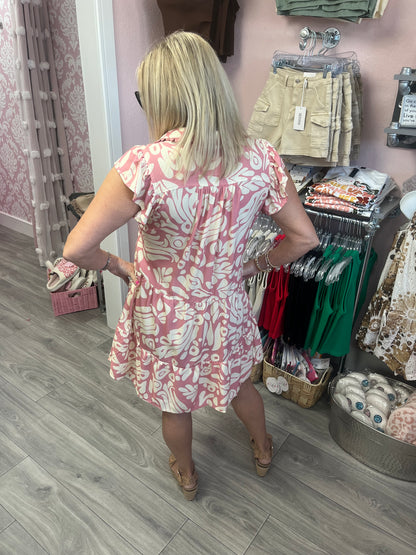 Two Tone Printed Mini Dress with Ruffled Sleeves