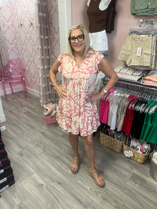 Two Tone Printed Mini Dress with Ruffled Sleeves