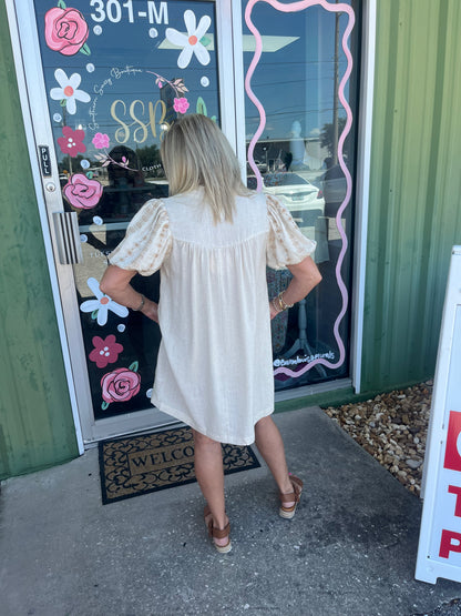 Split Neck A Line Midi Dress with Embroidered Details