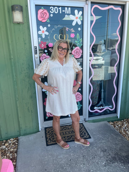 Split Neck A Line Midi Dress with Embroidered Details