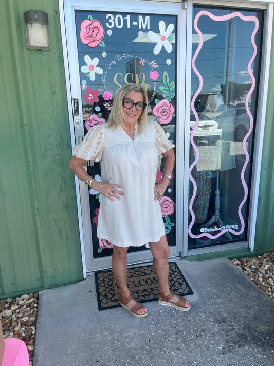 Split Neck A Line Midi Dress with Embroidered Details