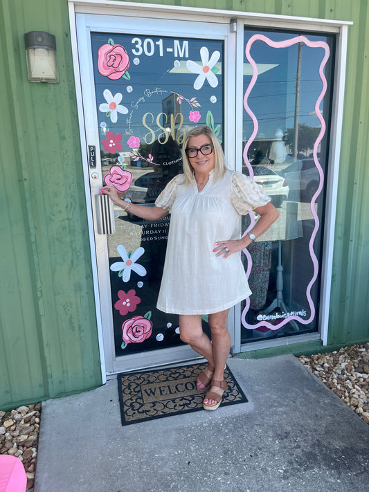 Split Neck A Line Midi Dress with Embroidered Details