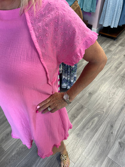 Gauze Short Dress with Eyelet Sleeves