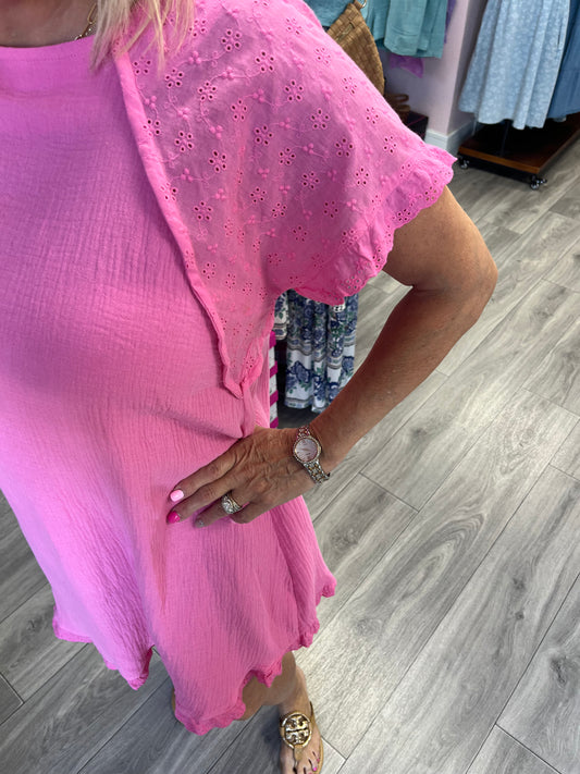 Gauze Short Dress with Eyelet Sleeves