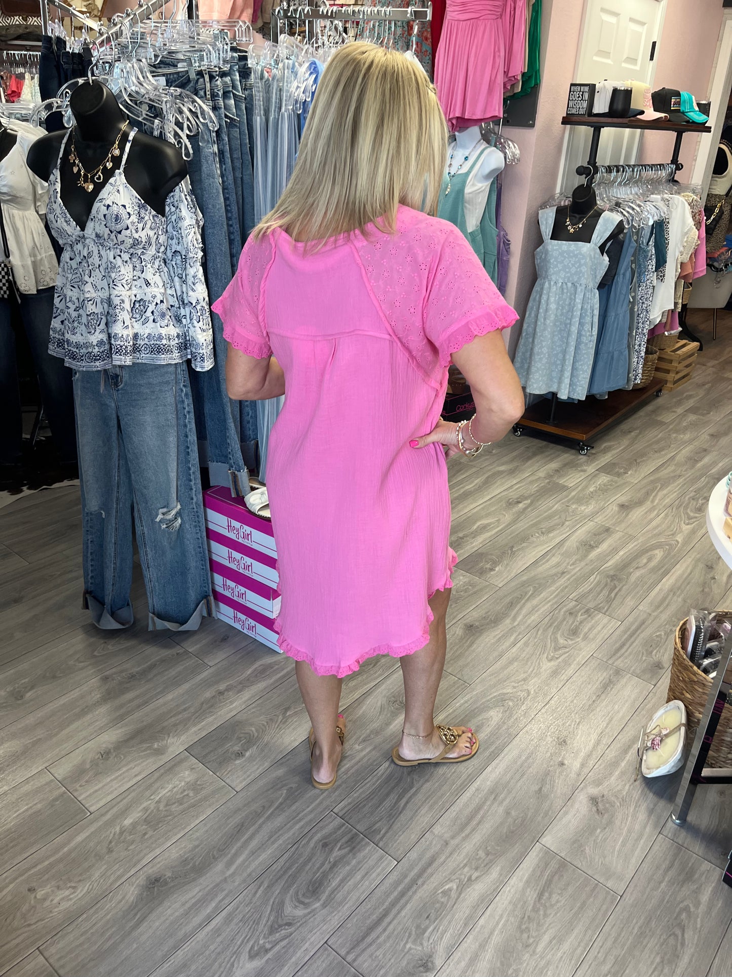 Gauze Short Dress with Eyelet Sleeves