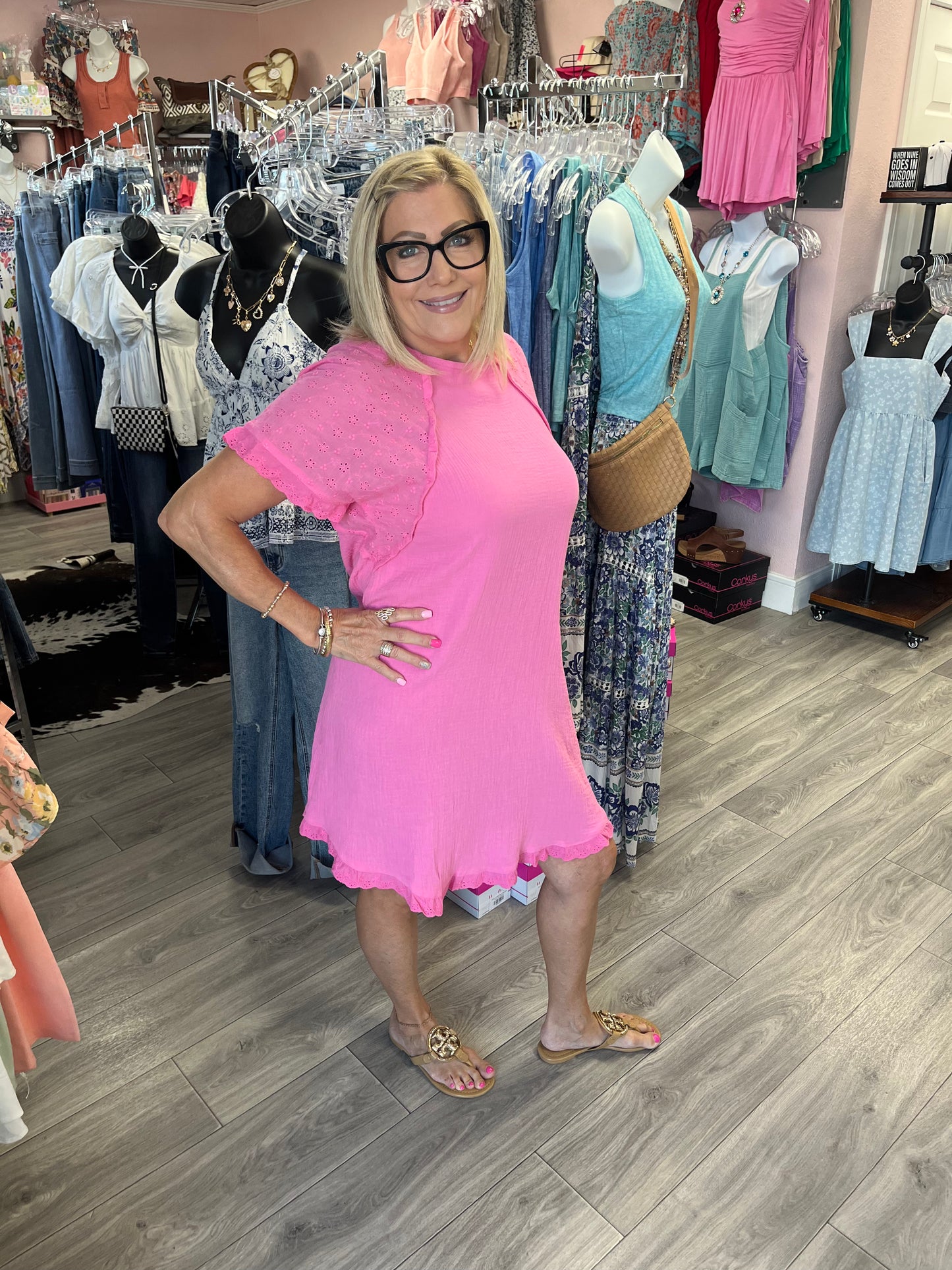 Gauze Short Dress with Eyelet Sleeves