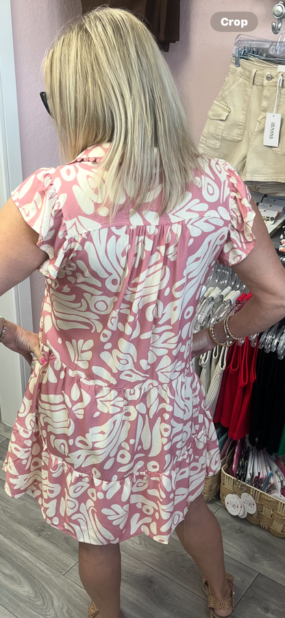 Two Tone Printed Mini Dress with Ruffled Sleeves