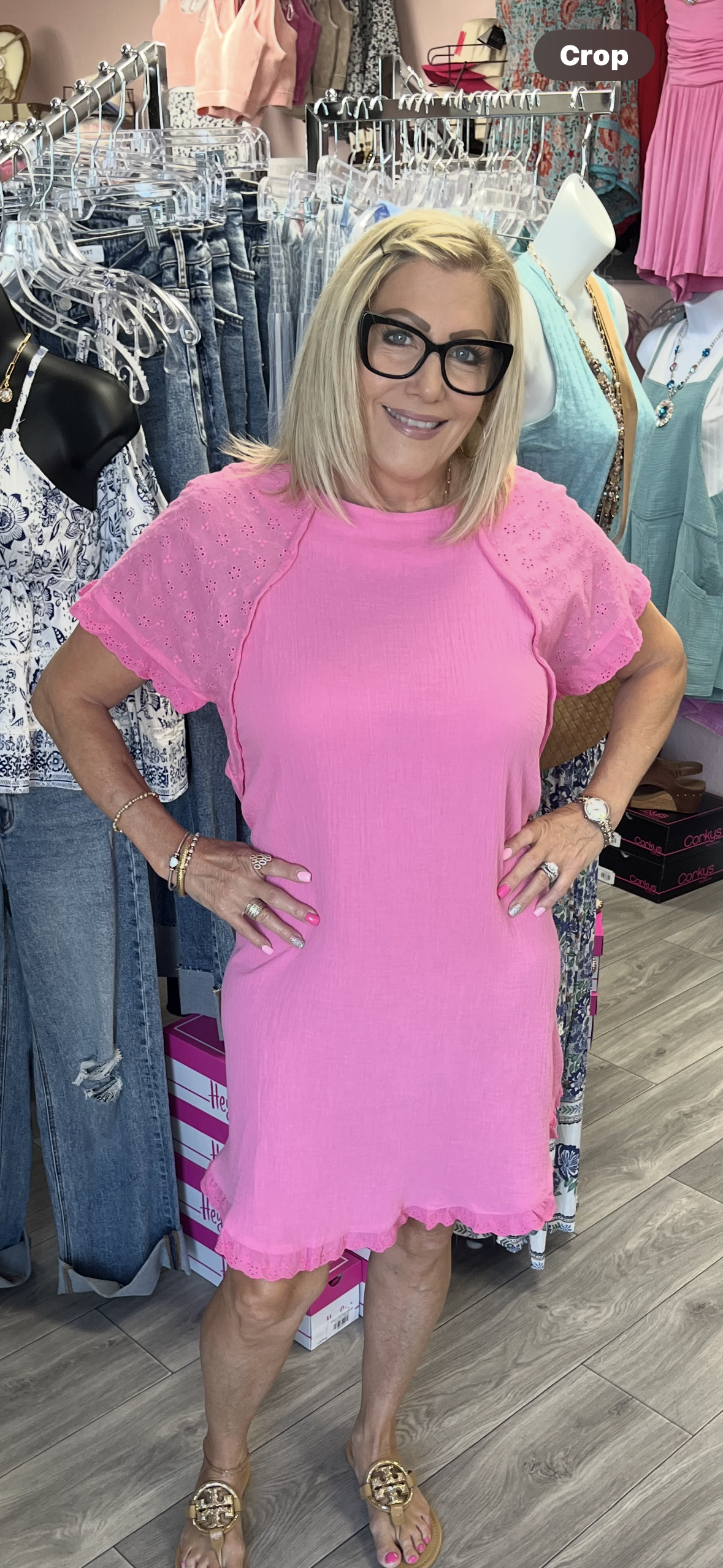 Gauze Short Dress with Eyelet Sleeves