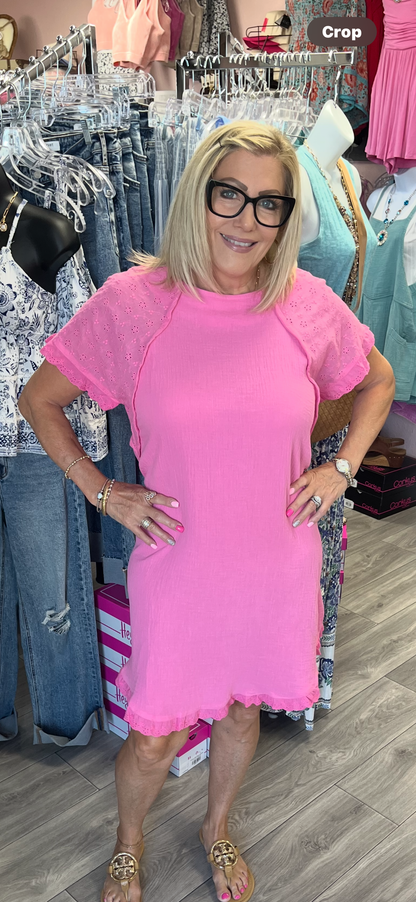 Gauze Short Dress with Eyelet Sleeves