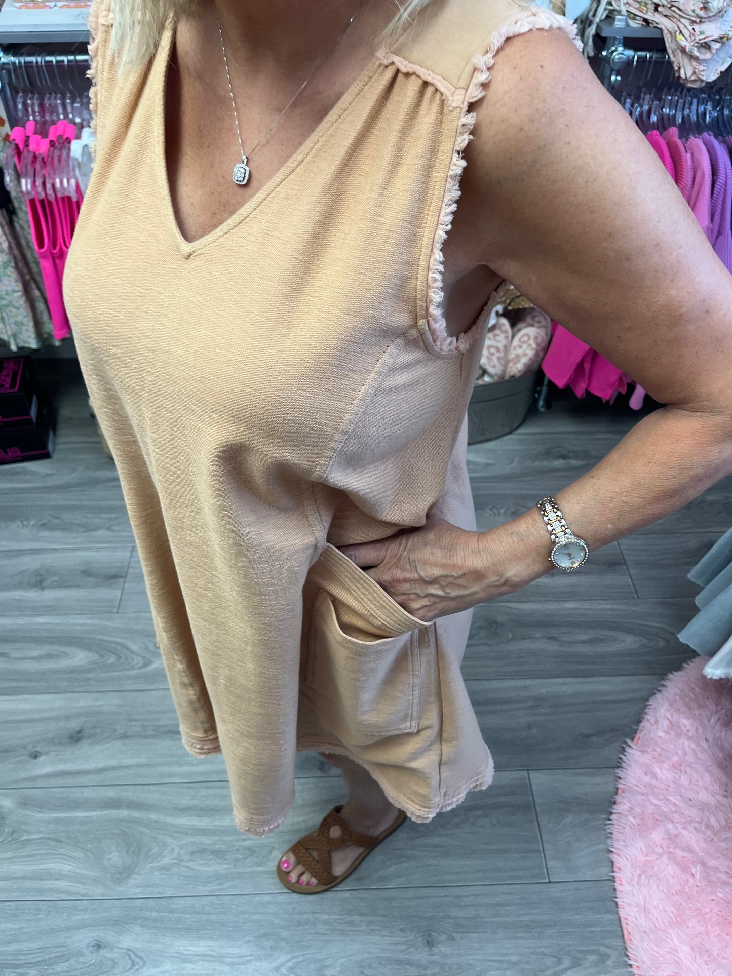 Raw Edge Double Pocket Dress