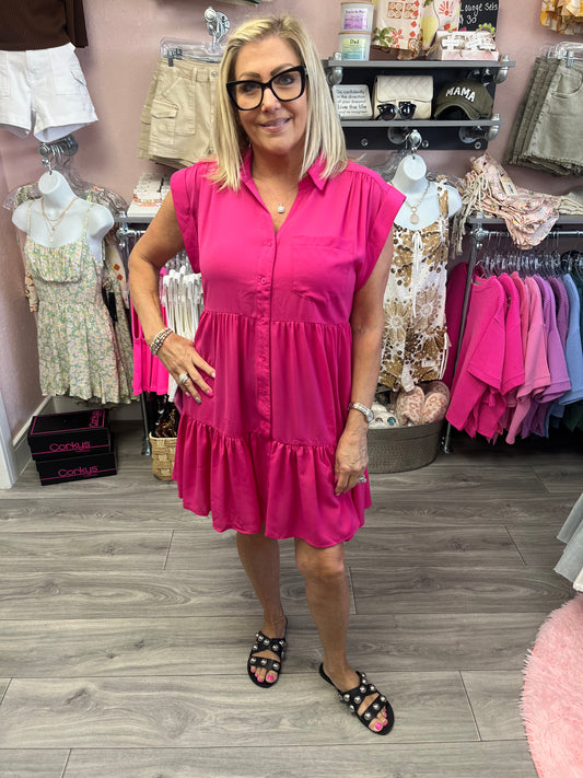 Button Down Tier Dress with Front Pocket