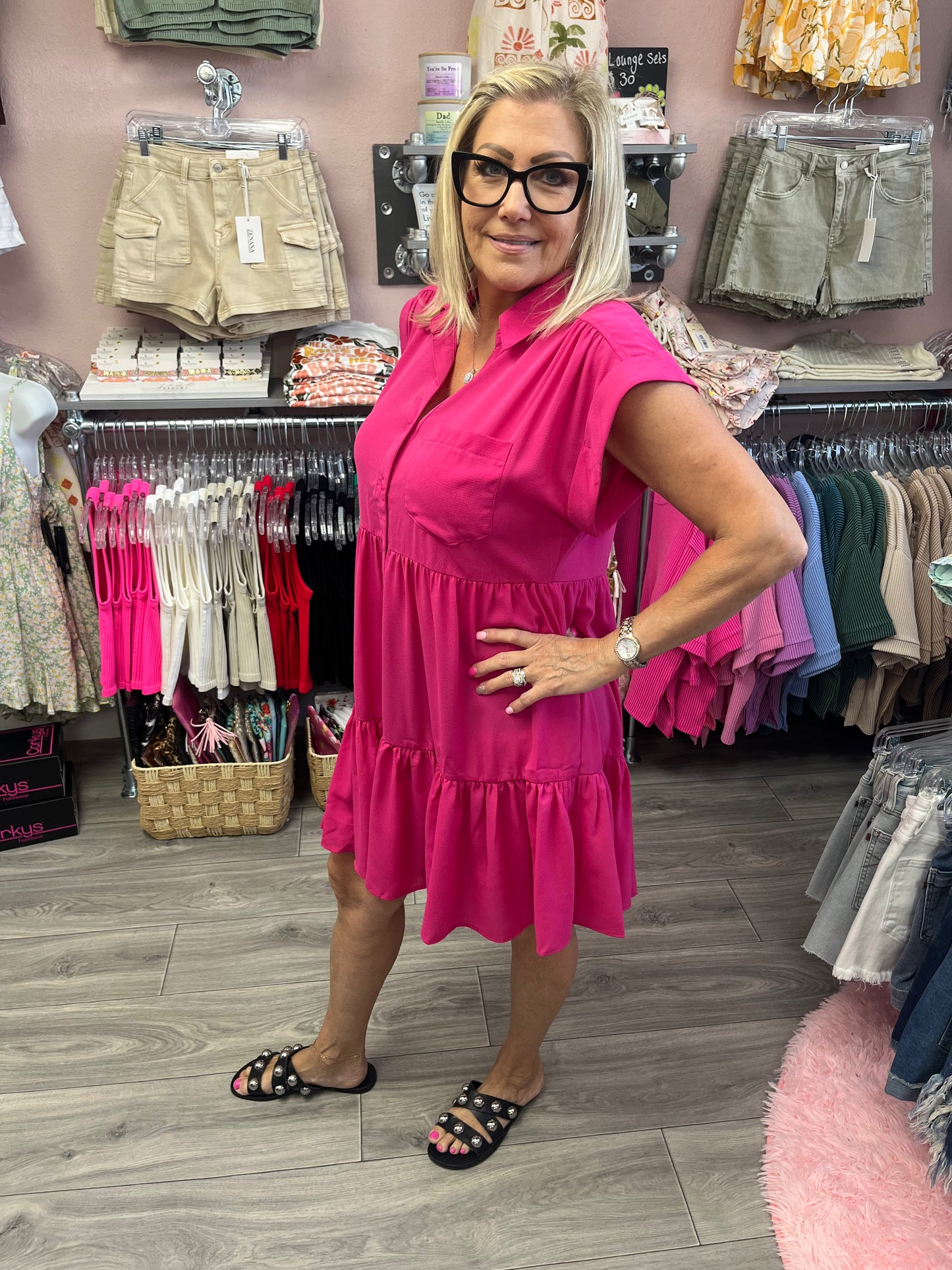 Button Down Tier Dress with Front Pocket