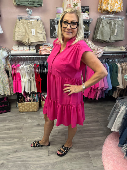 Button Down Tier Dress with Front Pocket