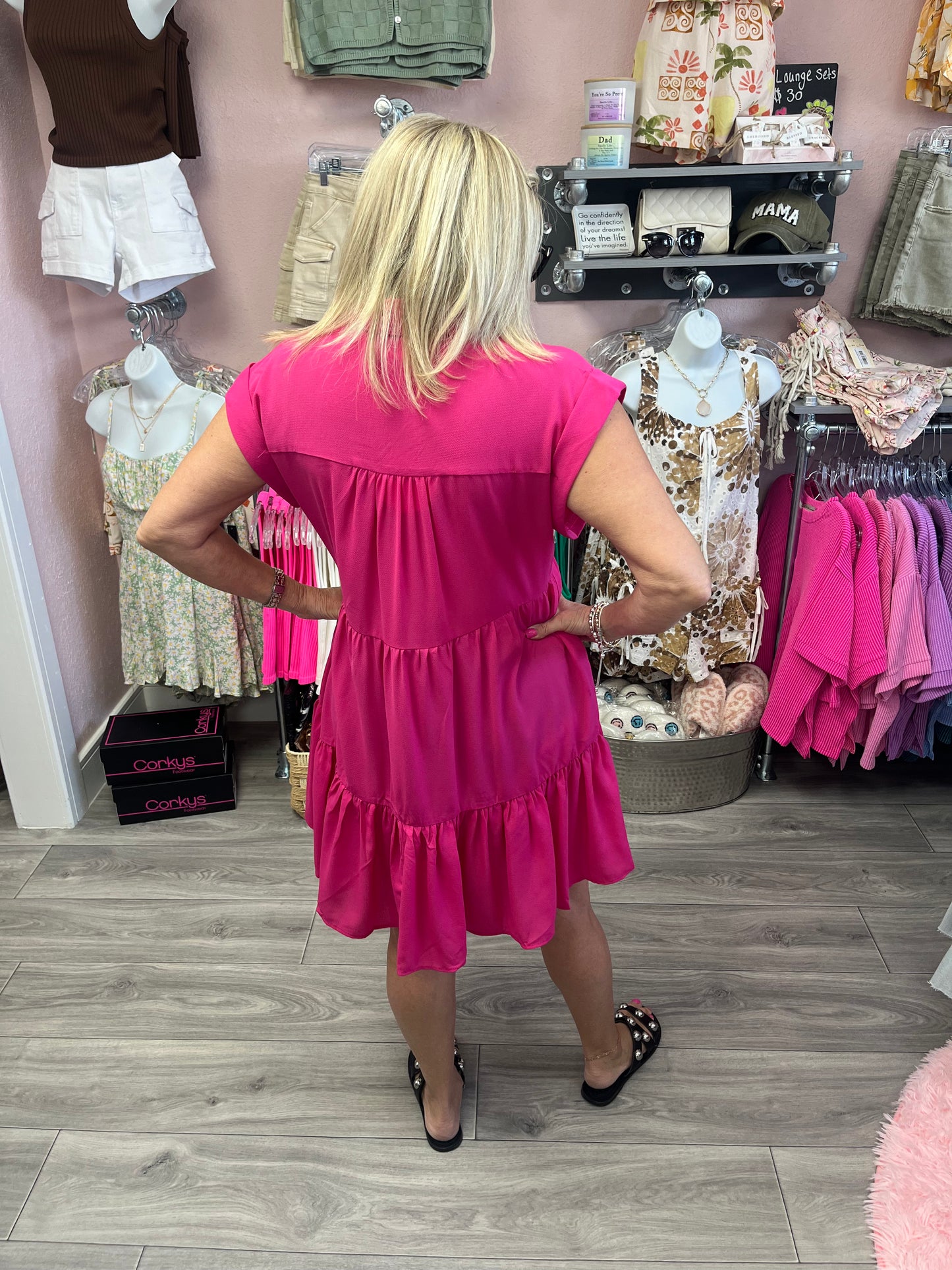 Button Down Tier Dress with Front Pocket