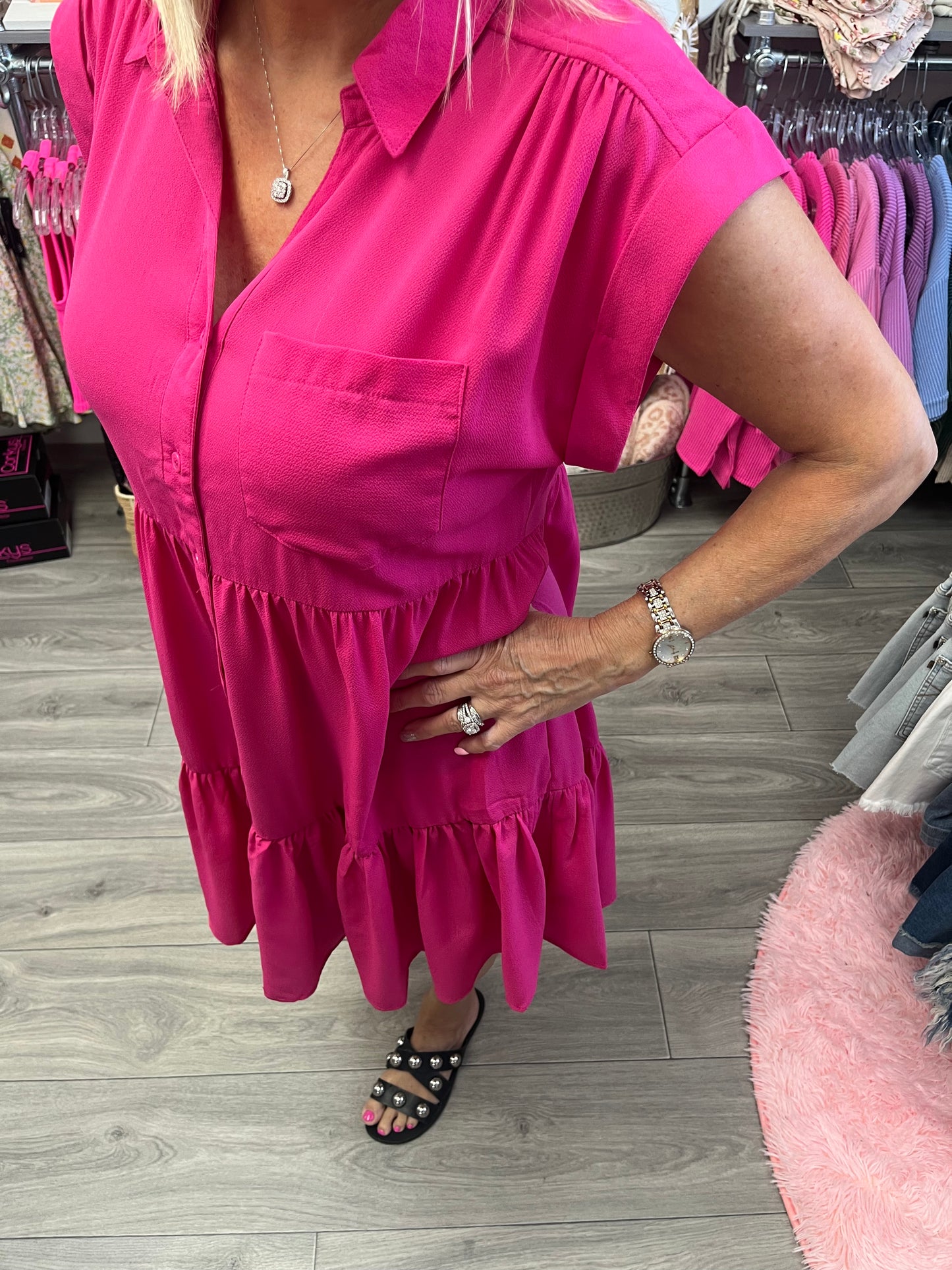 Button Down Tier Dress with Front Pocket