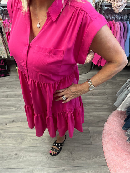 Button Down Tier Dress with Front Pocket