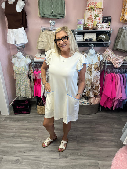 Crew Neck and Ruffle Cap Sleeve Dress