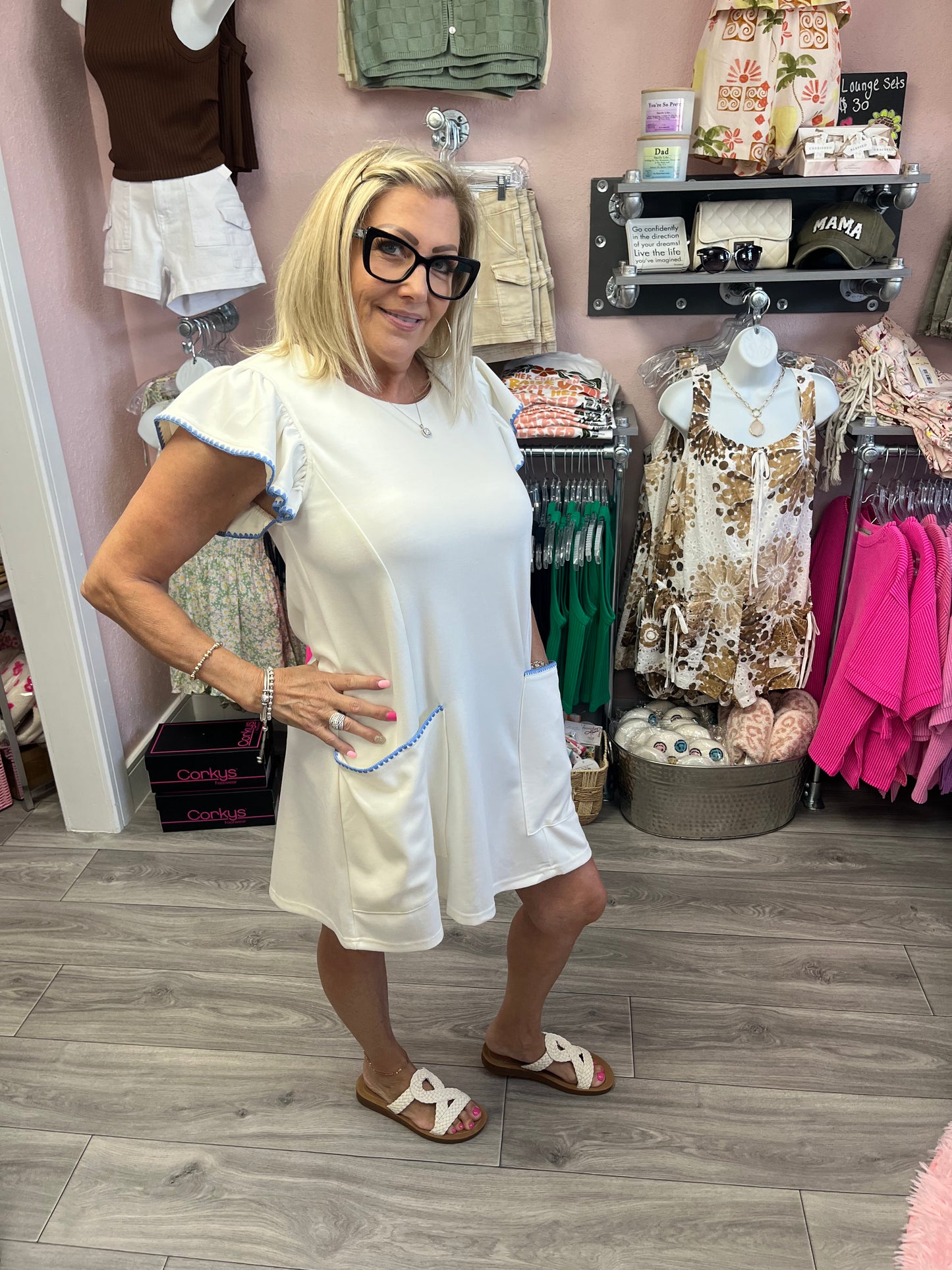 Crew Neck and Ruffle Cap Sleeve Dress