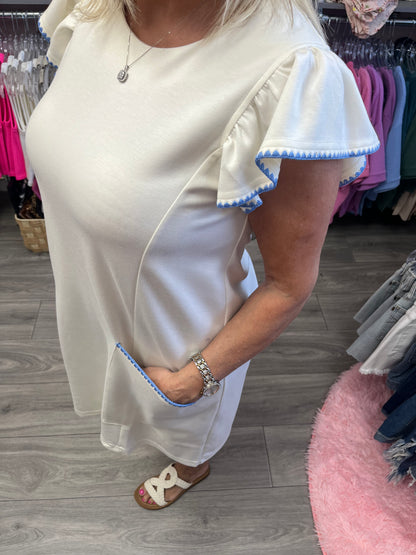 Crew Neck and Ruffle Cap Sleeve Dress