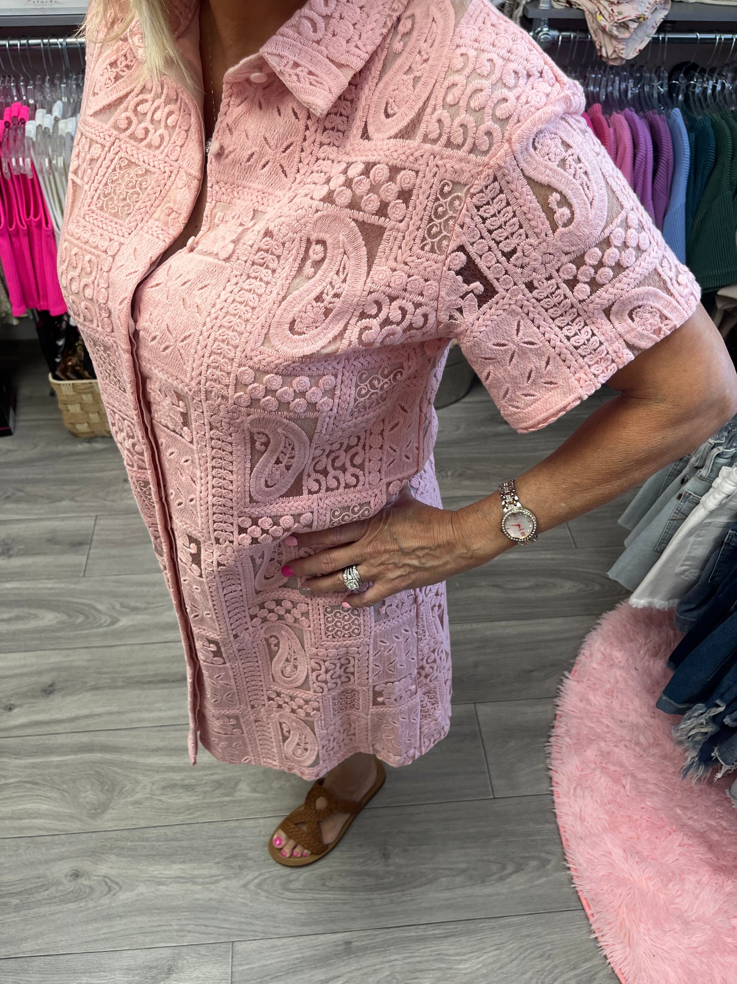 Button Down Lace Dress with Paisley Print