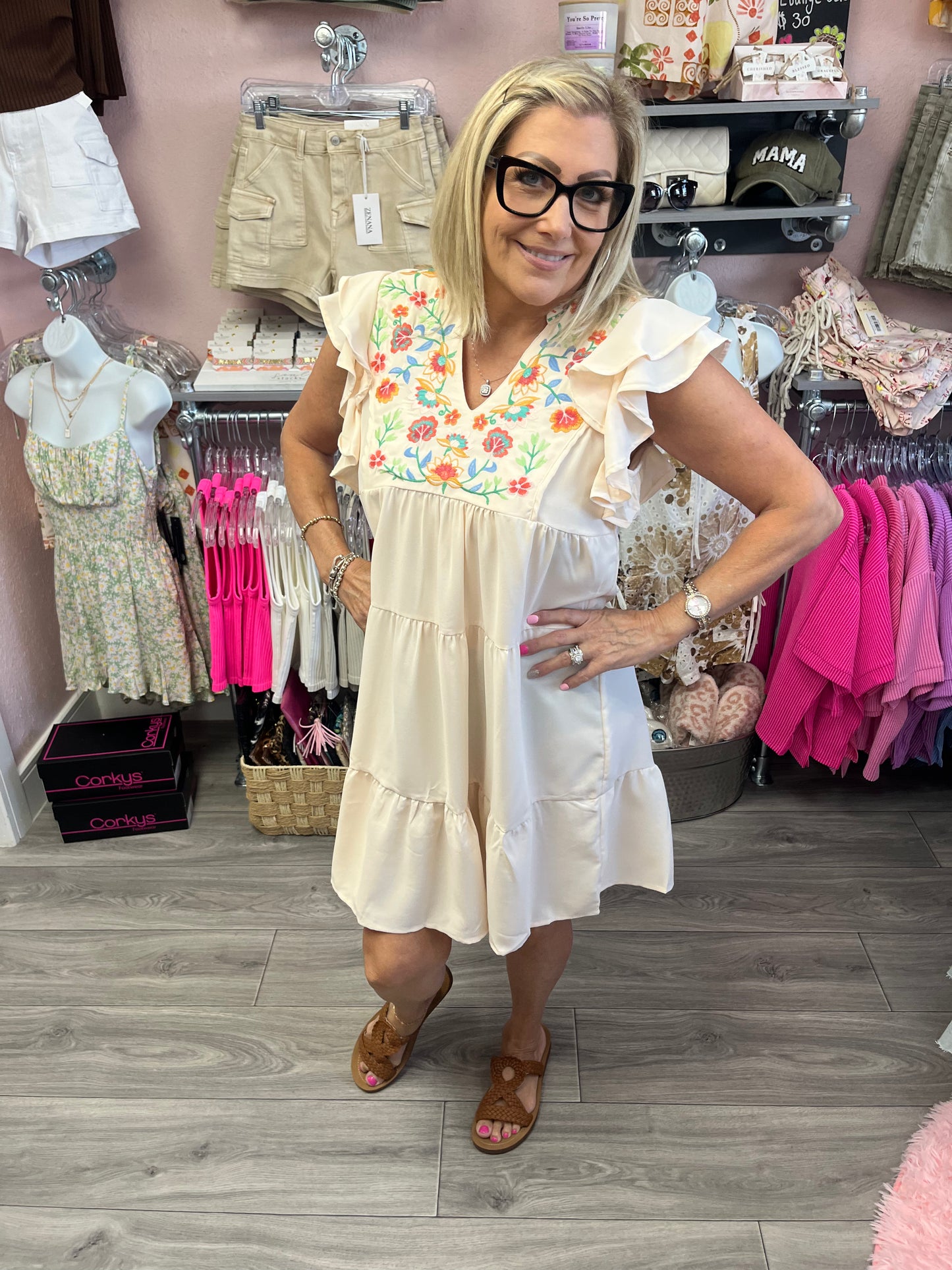 Embroidered Floral Babydoll Dress