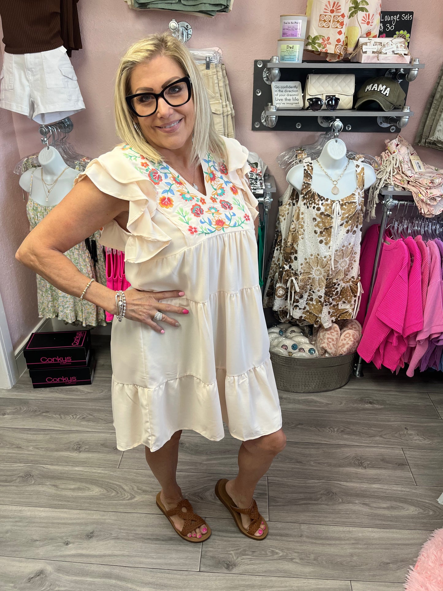 Embroidered Floral Babydoll Dress