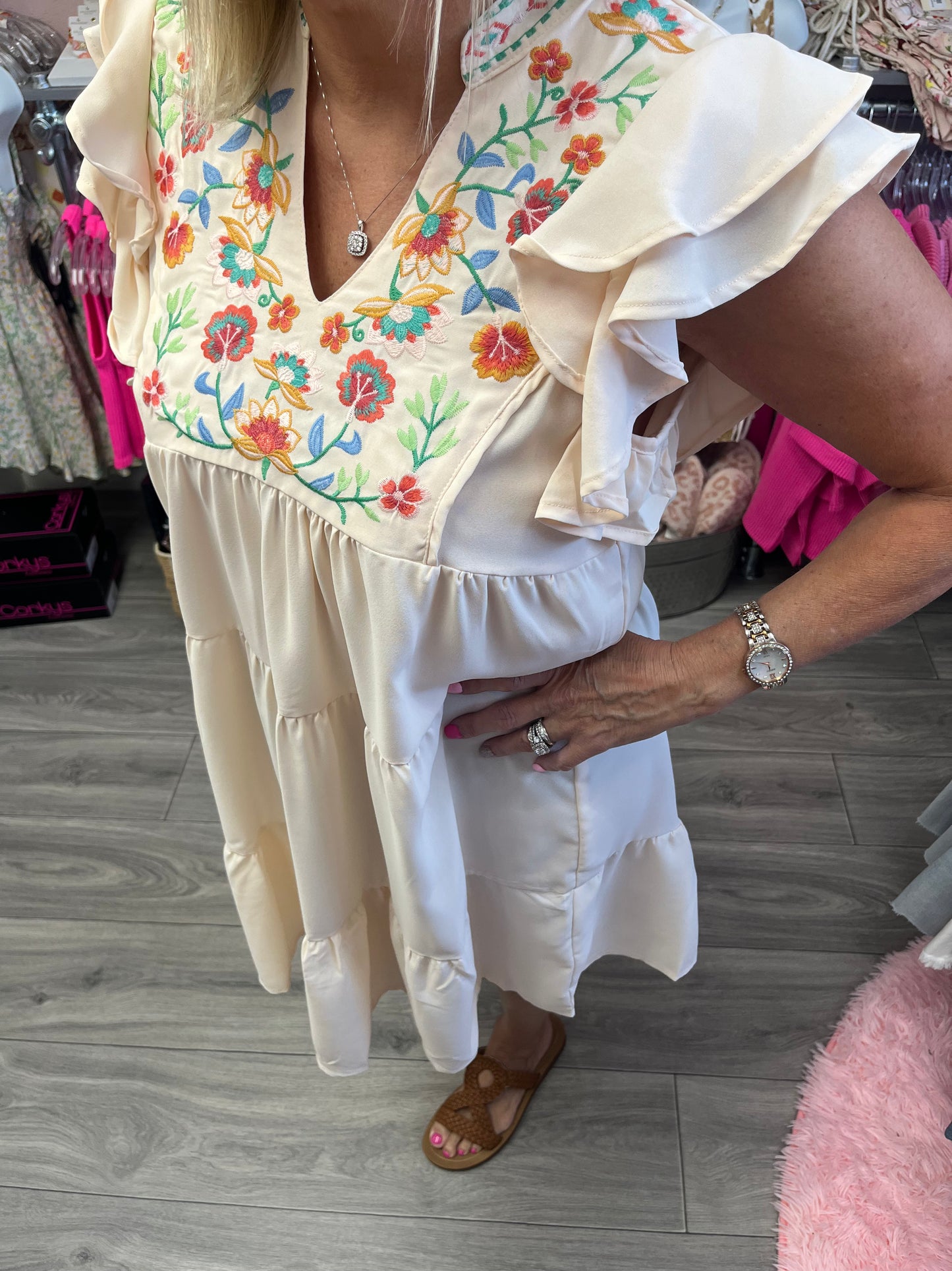 Embroidered Floral Babydoll Dress