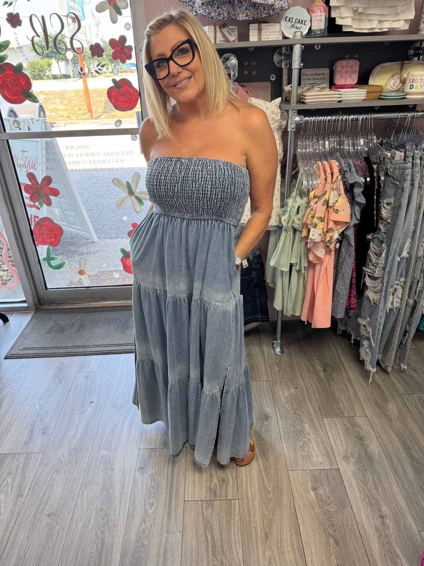 Off-Shoulder Hem Slit Jean Dress