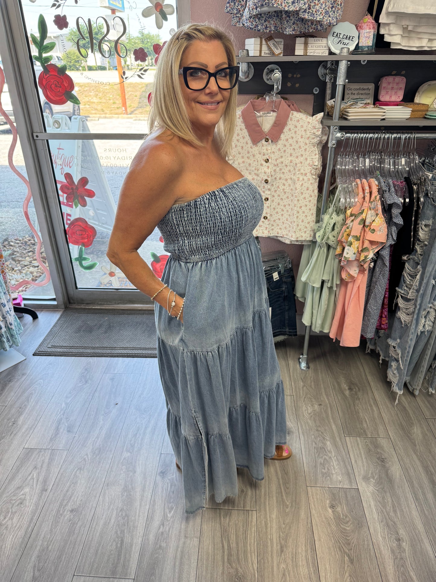 Off-Shoulder Hem Slit Jean Dress