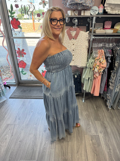 Off-Shoulder Hem Slit Jean Dress