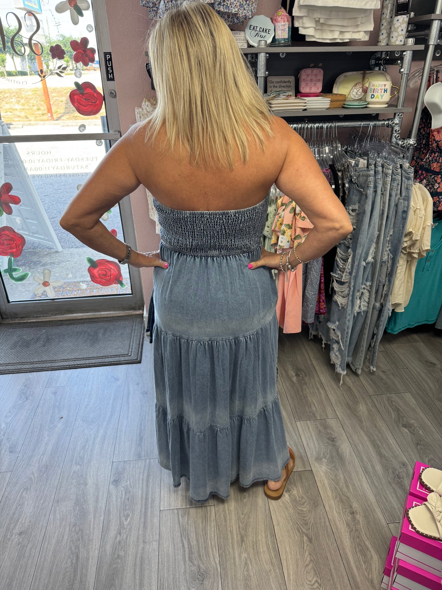 Off-Shoulder Hem Slit Jean Dress