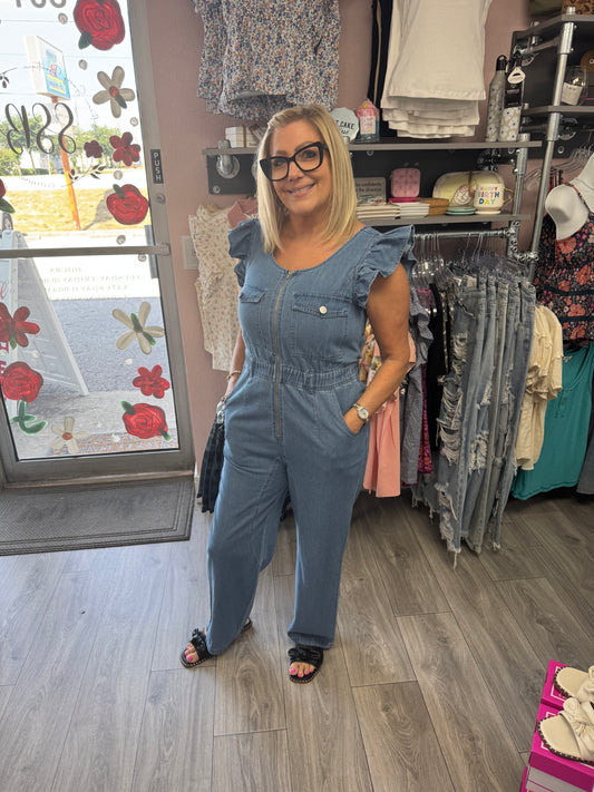 FRONT FLUTTER SLEEVE DENIM JUMPSUIT