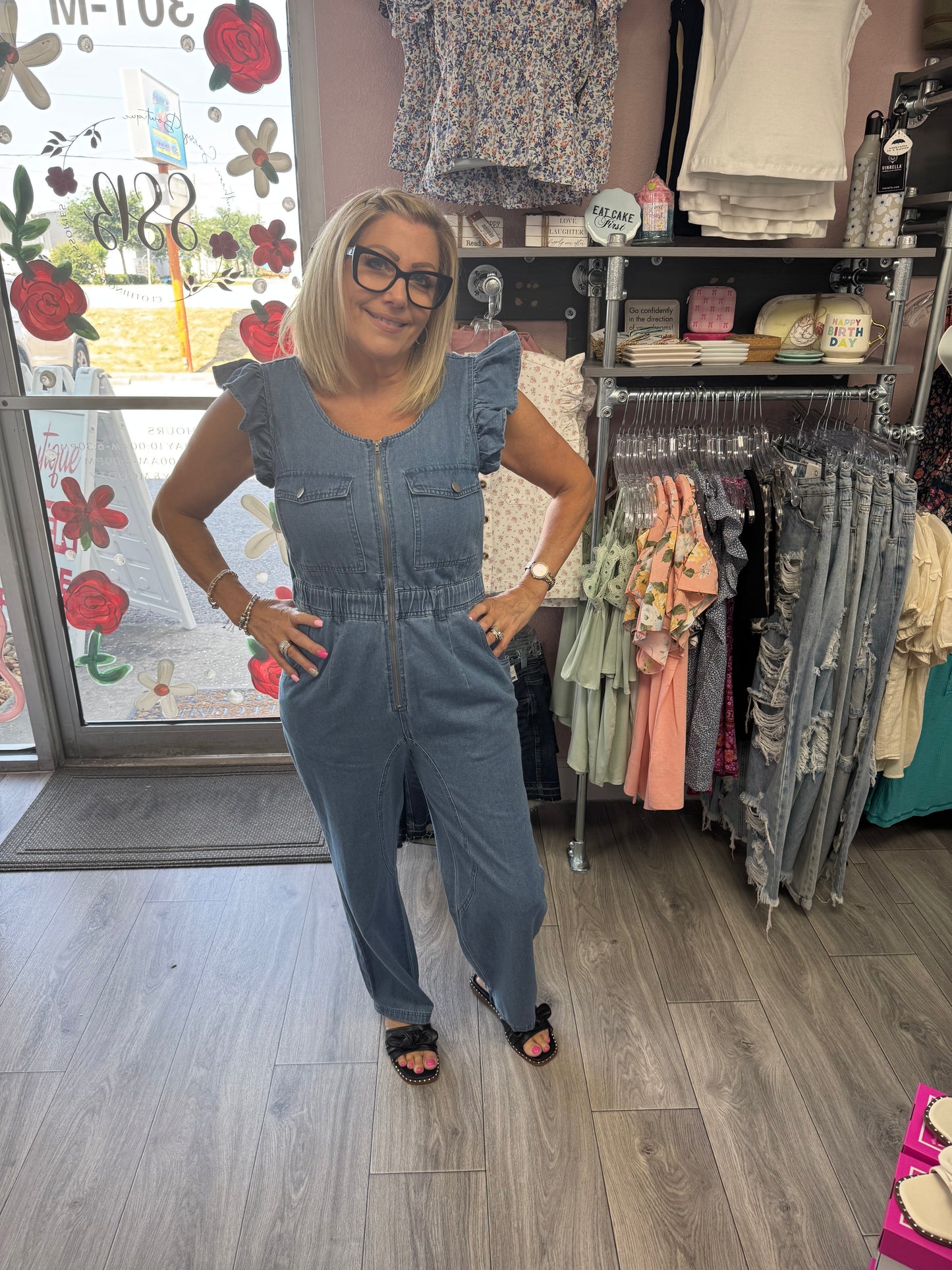 FRONT FLUTTER SLEEVE DENIM JUMPSUIT