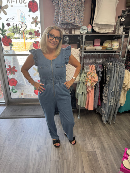 FRONT FLUTTER SLEEVE DENIM JUMPSUIT