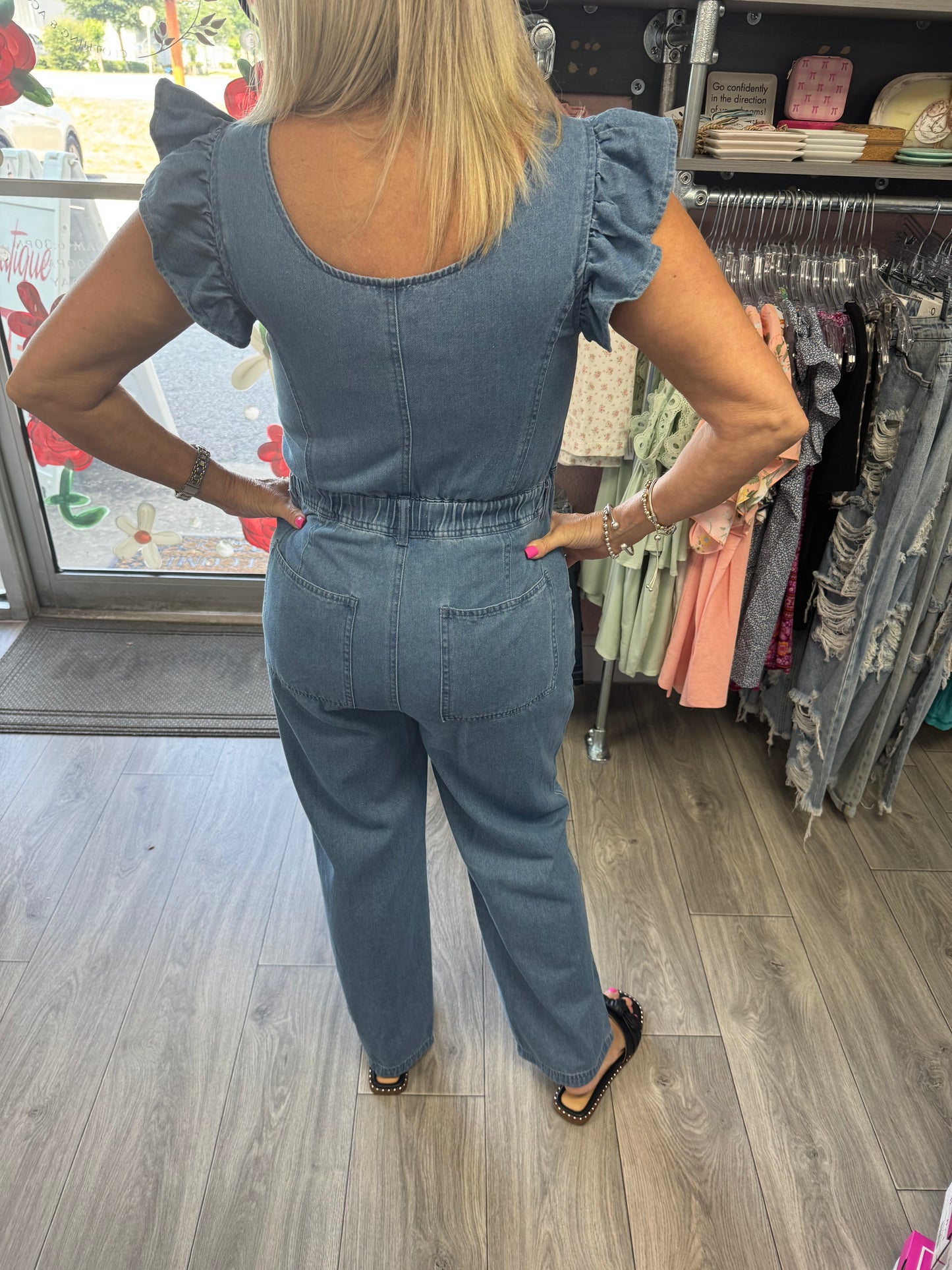 FRONT FLUTTER SLEEVE DENIM JUMPSUIT